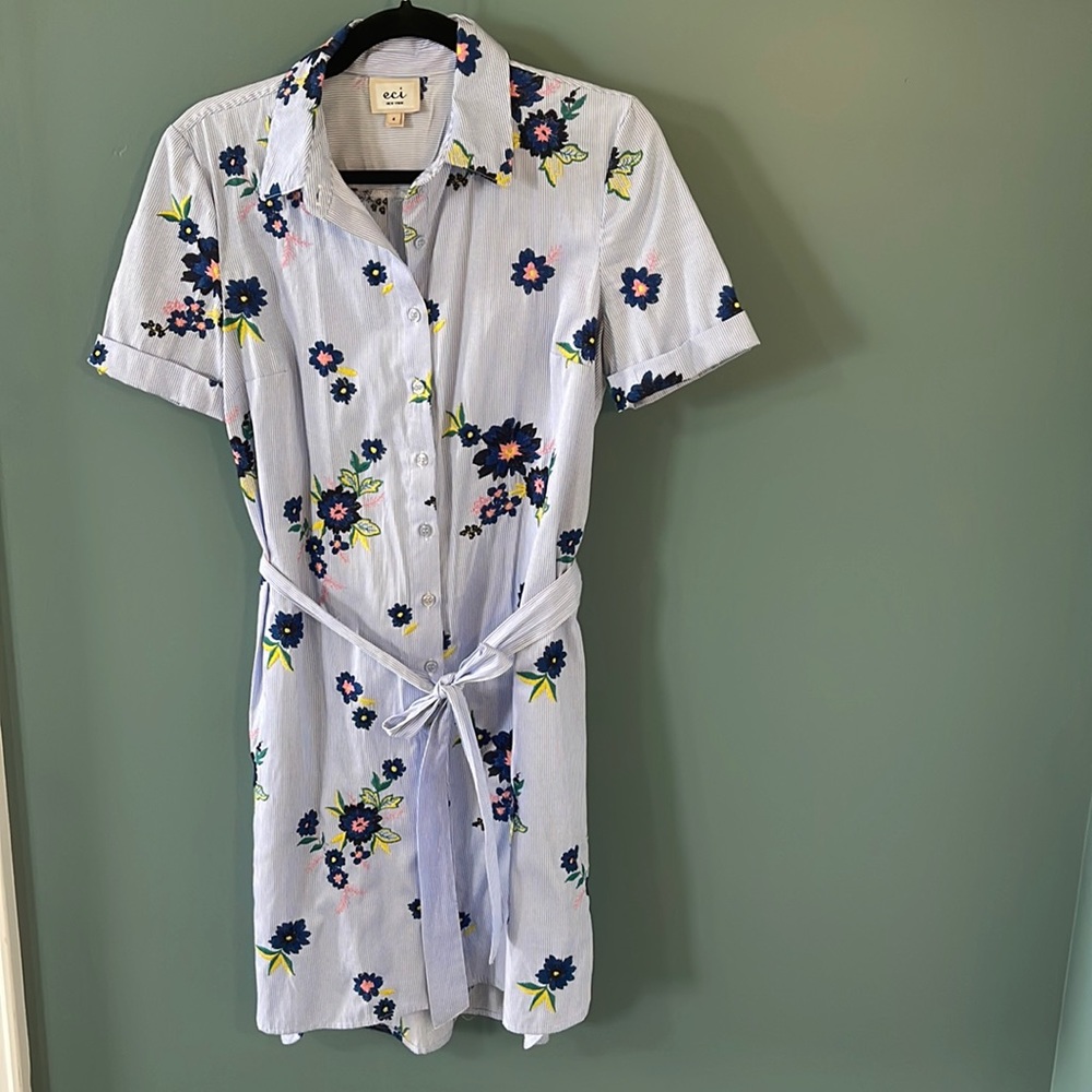 ECI Blue pinstriped embroidered shirt dress